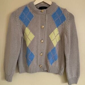 Zara| Women’s Tan Blue & Yellow Argyle Cardigan with Gold Buttons Sz S